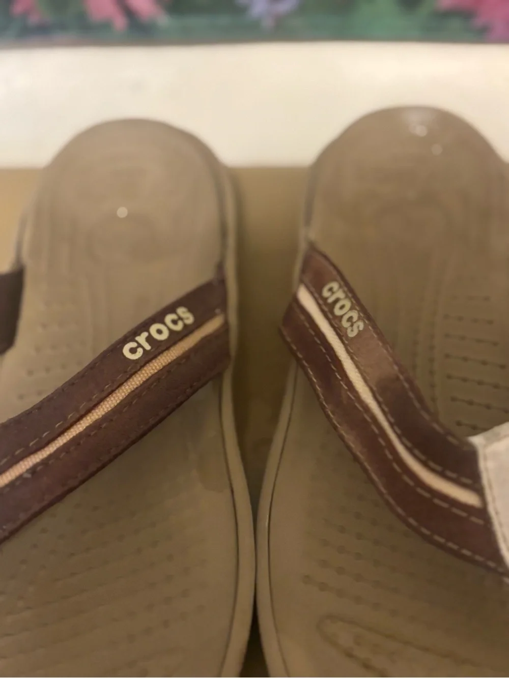 CROCS Brown and Tan Flip Thong Sandals